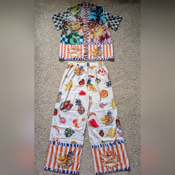 NWOT XL Women's 2 Piece Pajama Lounge Set, Tropical Paradise Pattern - Picture 7 of 14
